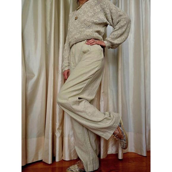 Vintage Linen Blend High Waist Pants: Women's Beige Trousers XL - Picture 8 of 9